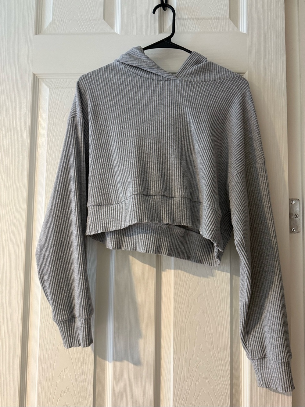 ALO Muse Ribbed Cropped Hoodie in Light Gray